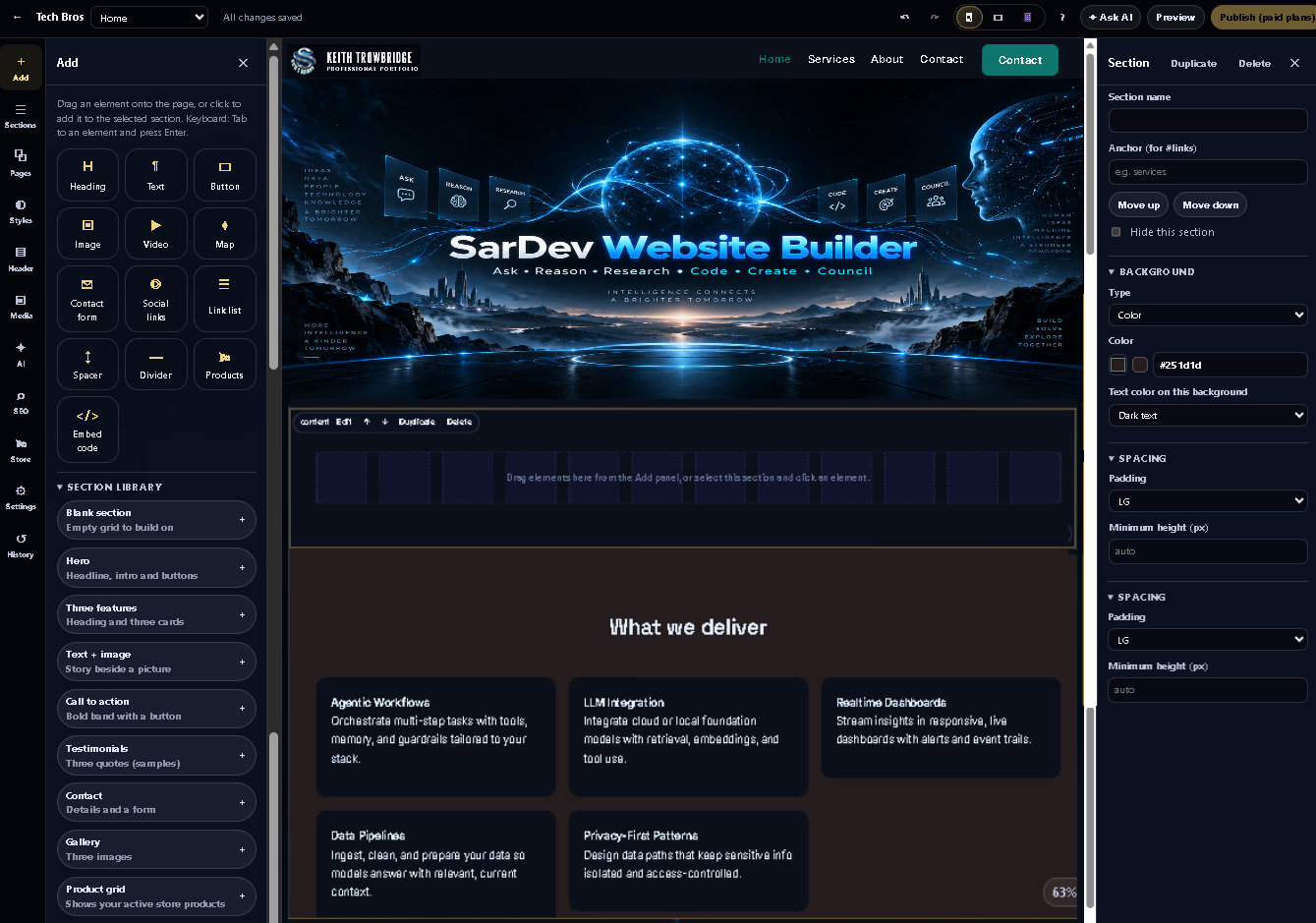 SarDev AI Website Builder editor showing the supplied banner hero, a new blank section, and the What we deliver capability cards